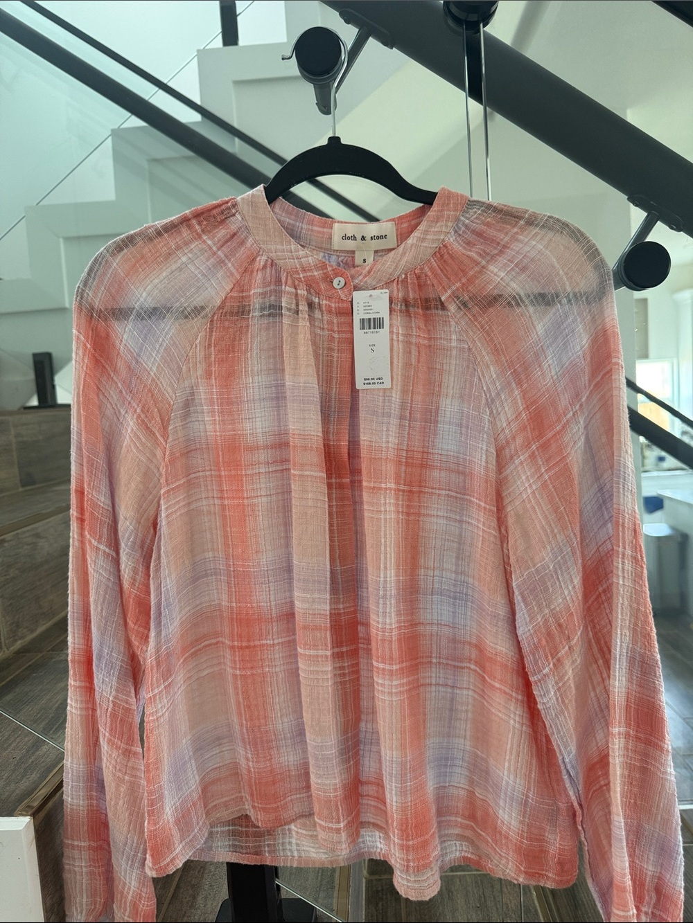 Anthropologie cloth & stone Coral and Cream Plaid Lightweight Button-Front Top